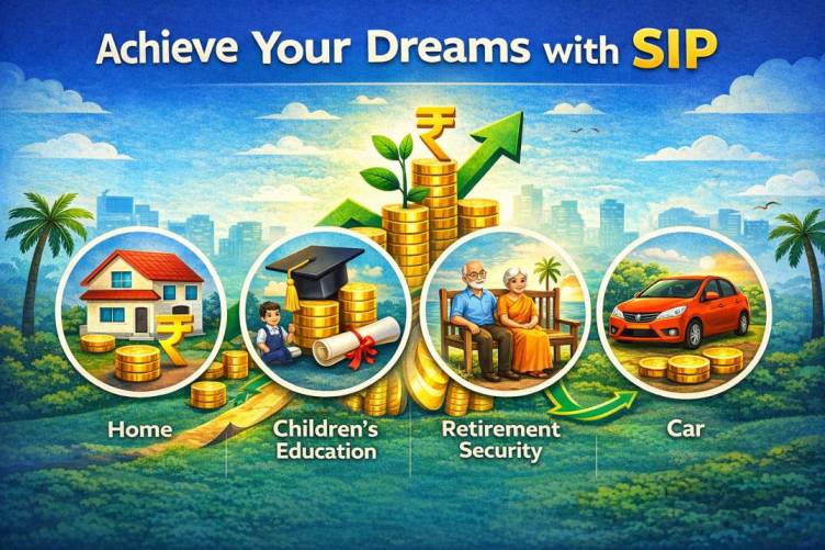 “Achieve your financial goals with SIP illustration showing wealth growth, compounding, and goals like home, children’s education, retirement security, and car with rising investment graph”