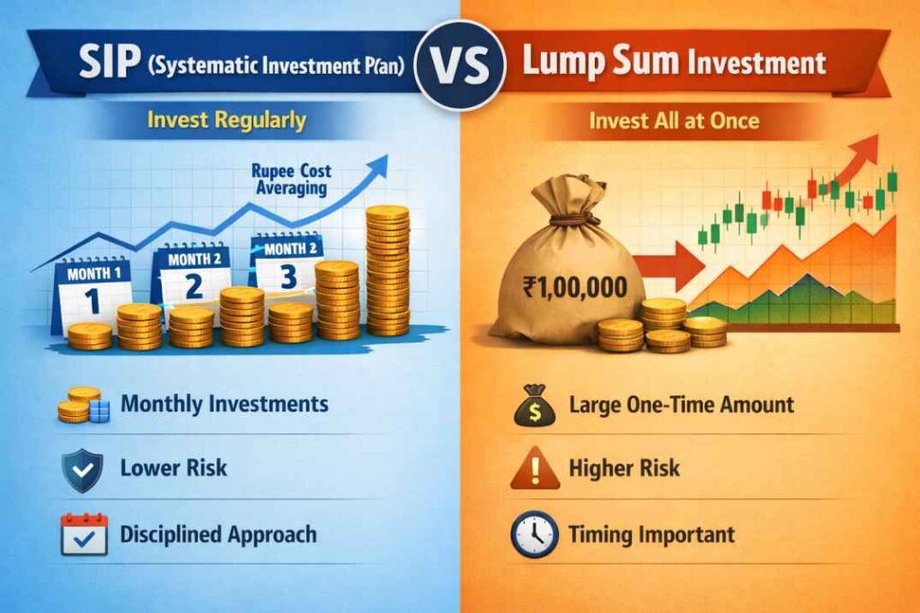 “SIP vs Lump Sum investment comparison infographic showing monthly investing, rupee cost averaging, lower risk vs one-time investment, higher risk and market timing importance”